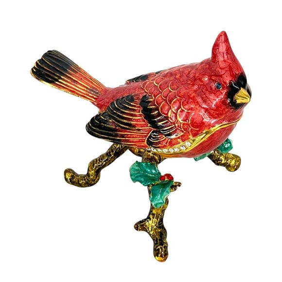 Jeweled Cardinal Bird Trinket Box Enamel Red Green - Picture 2 of 14
